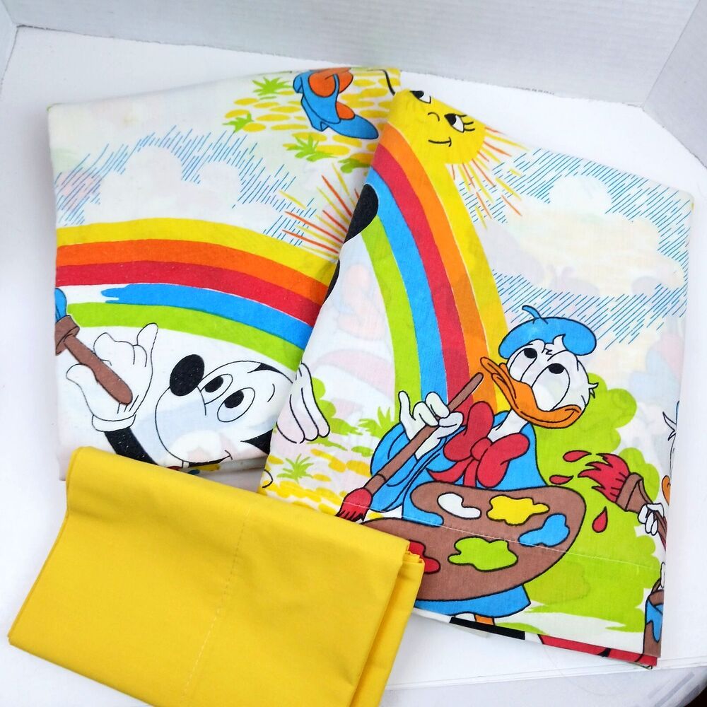 Vintage Disney Mickey Mouse Rainbow Painting Sun TWIN  3 Piece Sheet Set Donald